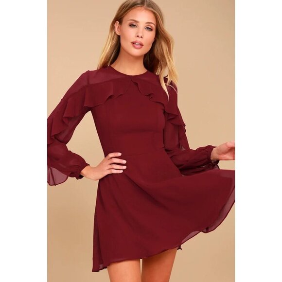 Lulus Longtime Love Burgundy Long Sleeve Skater Dress Women size small - Picture 1 of 10